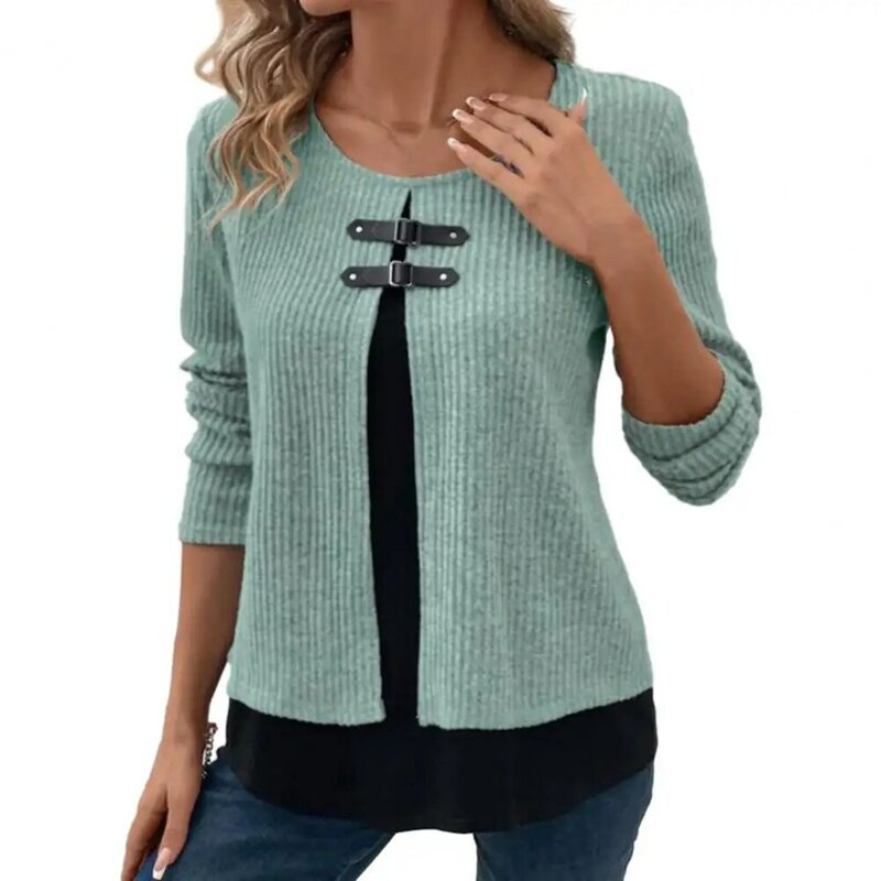 Women Top Knitted Two-piece Women's Blouse with Round Neck Buckle Decor Soft Color Matching Long Sleeve Top for Fall Spring Fake