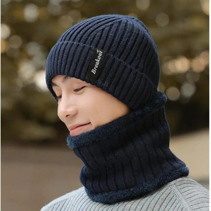 Topi rajut wol elastis pria, Set syal topi musim dingin untuk pria, Beanie hangat tebal, dua potong, pelindung telinga, luar ruangan, anti dingin, baru