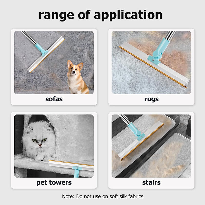 Rimozione dei peli di animali domestici rastrello per tappeti manico lungo regolabile scopa per capelli di cane di gatto raschietto per tappeti e spazzola per rimuovere la lanugine di pelliccia riutilizzabile