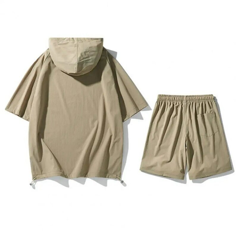 Roupas masculinas de treino com bolsos, camiseta de manga curta com capuz, shorts de cintura elástica, vestuário esportivo, sólido