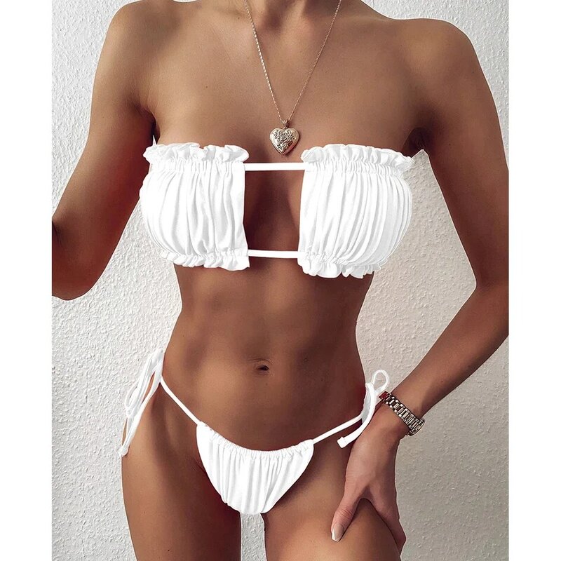 Bikini plisado Bandeau para mujer, traje de baño Sexy, conjunto de Bikini con Tanga, ropa de playa para nadar, 2023