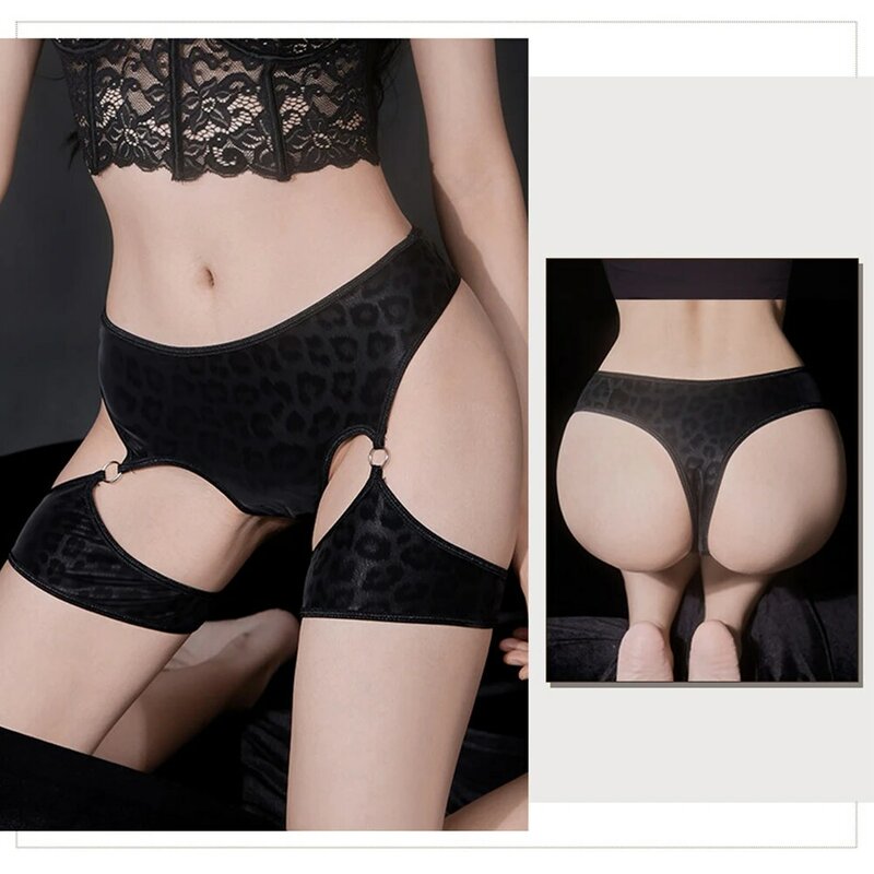 Women Leopard Print Briefs PU Leather Oil Shiny Boxer Panties Hollow Open Butt Underpants Seductive Underwear Erotic Lingerie