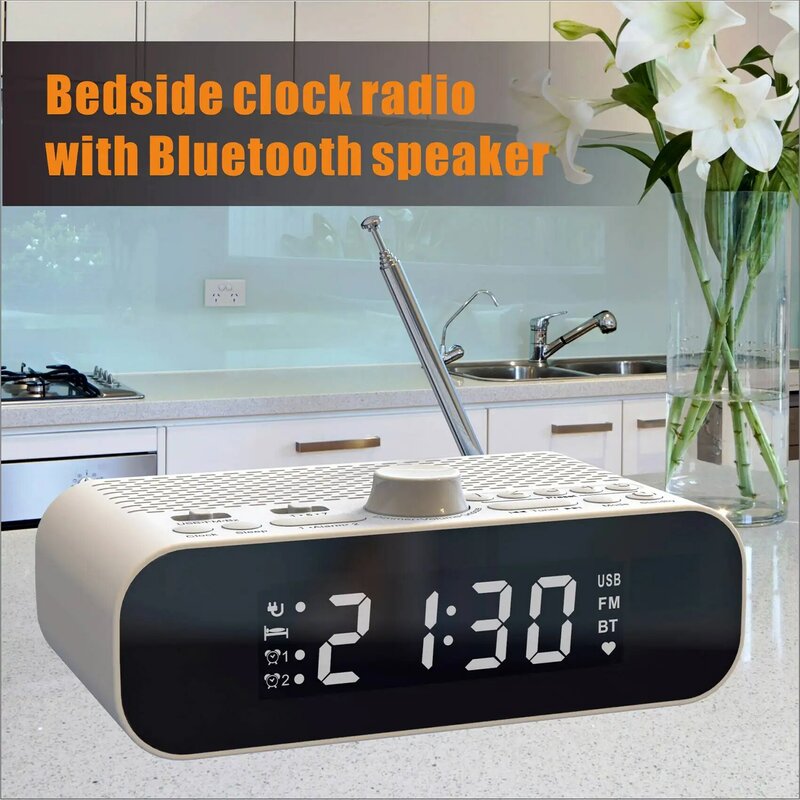 FM Clock Radio with Bluetooth Streaming Play LED Display Dual Alarm Clock 1500MAh Hi-Fi Speaker with Woofer Unit