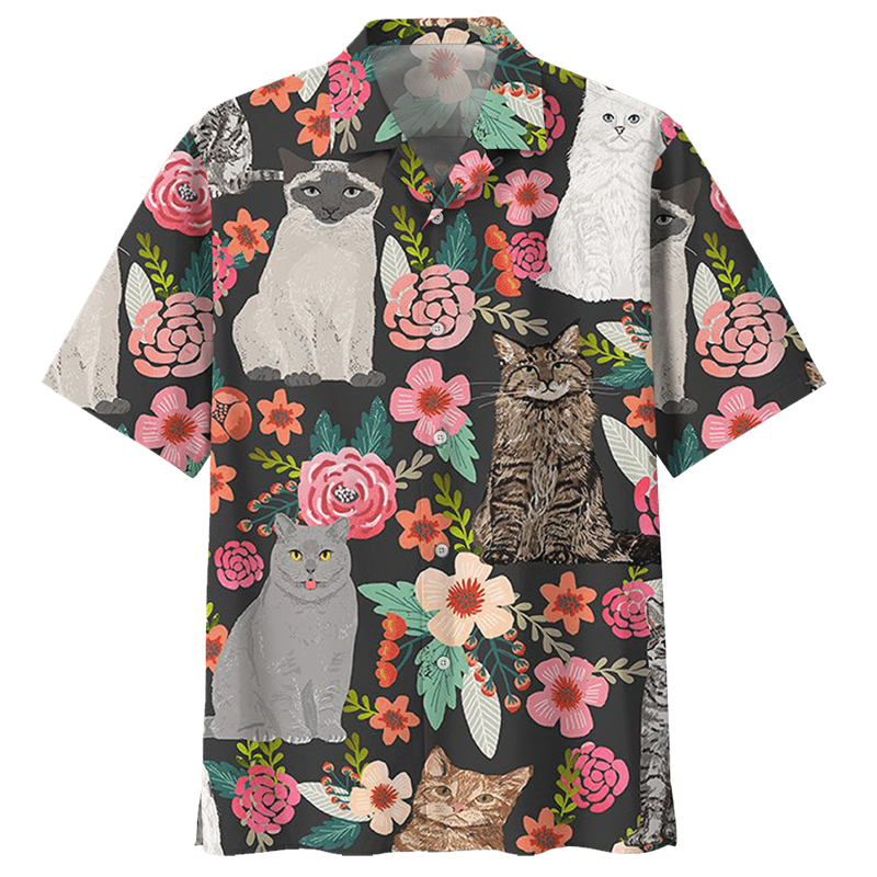 Camisa havaiana do padrão bonito do gato dos homens, 3D impresso animal mangas curtas, camisas soltas de lapela, verão rua Y2k botão blusas
