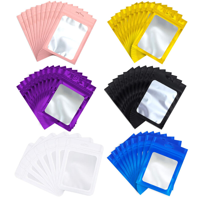 50 stücke Bunte Mylar Taschen Ziplock Hängen Taschen mit Sichtfenster für Schmuck-Display Verpackung Self Sealing Wiederverwendbare Folie Beutel