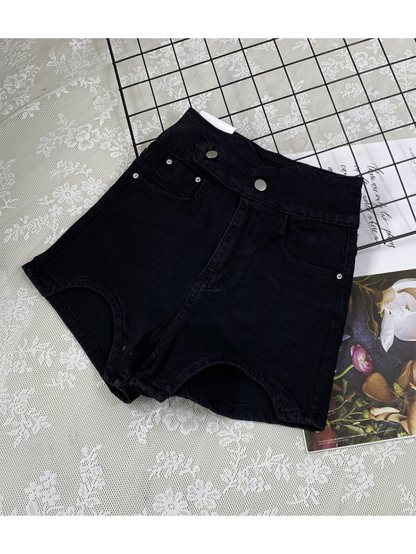 Celana pendek Denim wanita, celana pendek Gotik hitam pinggang tinggi Vintage Y2k celana pendek lebar Harajuku Korea kasual longgar