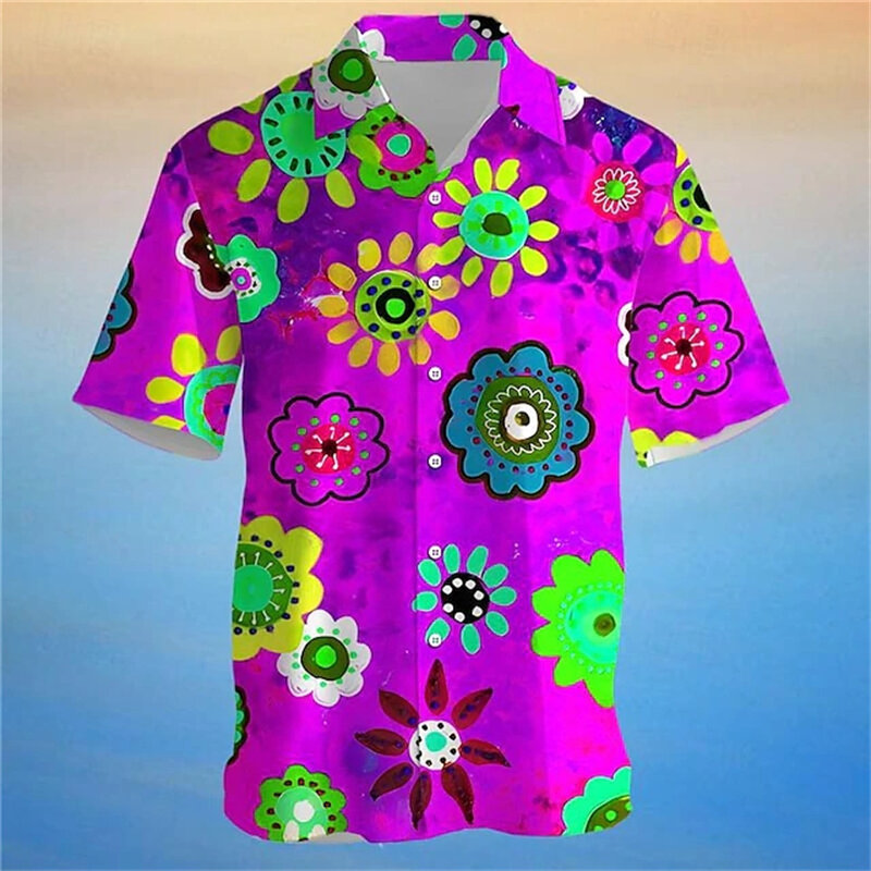 Camisa hawaiana con estampado 3D Floral para hombre, camisa de manga corta para vacaciones hawaianas al aire libre, camisa de gran tamaño amarilla, azul y púrpura