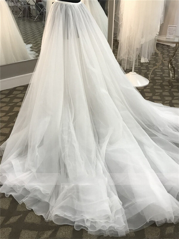 Imagem Real-3 Camadas Saia Destacável de Tule Macio para Casamento, Saia Branca com Trem, Custom Made Overskirt para Noivas