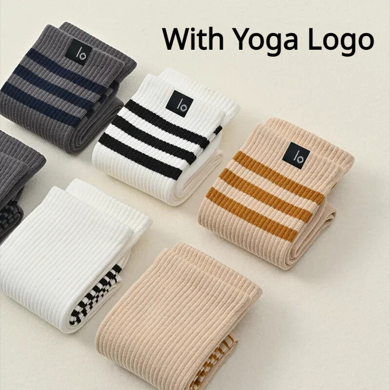 Kaus kaki Yoga bergaris pasangan gaya kasual kaus kaki katun olahraga lari Yoga menyerap keringat bernapas lembut kaus kaki setengah tabung untuk wanita