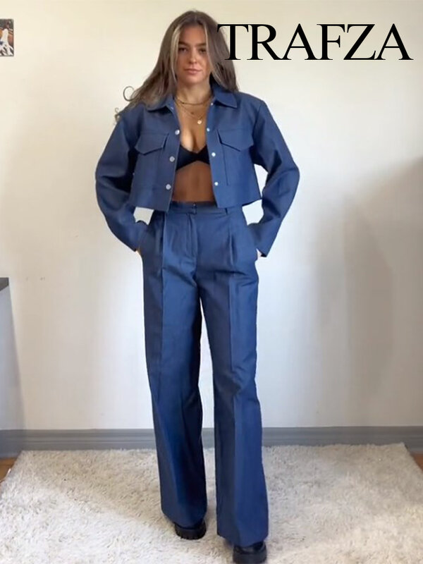 TRAFZA 여성용 턴다운 칼라 포켓 수트, 싱글 브레스트 재킷, 하이 웨이스트 지퍼, 긴 바지, 여성 2 피스, 용수철 패션