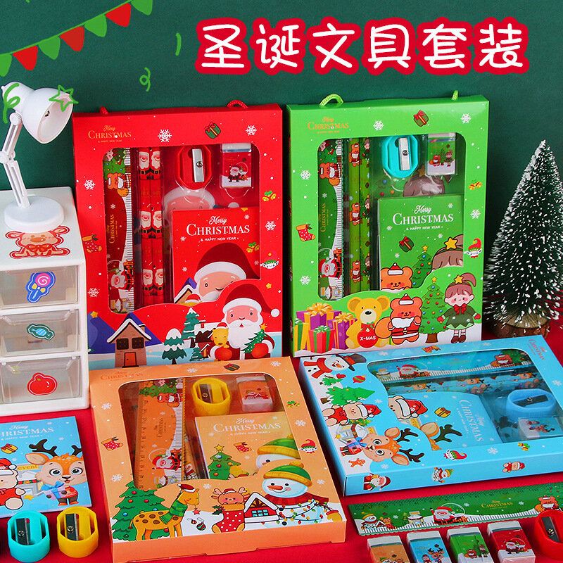 2022 만화 귀여운 크리스마스 선물 문구 세트 어린이 작은 선물 학교 용품 6 조각 선물 상자 선물 세트 중국 본토