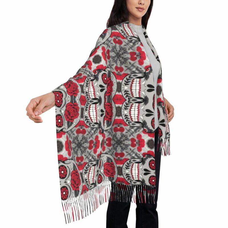 Bufanda con patrón de calavera de azúcar católica para mujer, chal largo de invierno cálido con borla, bufanda gótica Unisex para el Día de los muertos