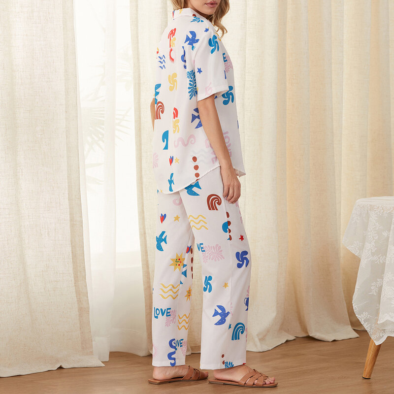 Dames Casual 2-delige Outfits Korte Mouwen Cartoon Print Shirt Met Knoop + Broek Set Loungewear