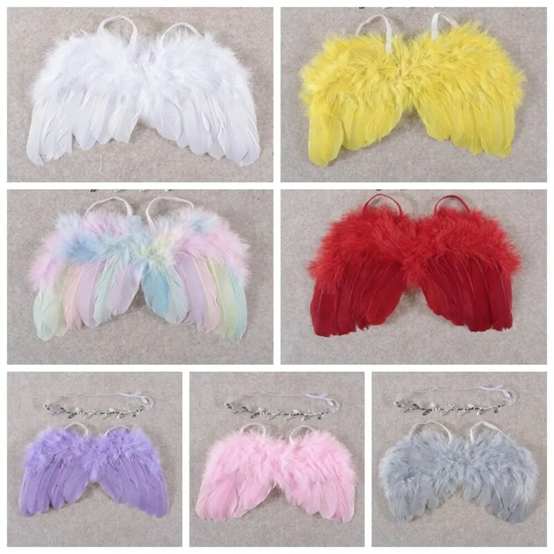 2pcs/set Cute Newborn Feather Wings with Baby Girl Rose Flower Headband Hair Accessories for Infant Photography Props