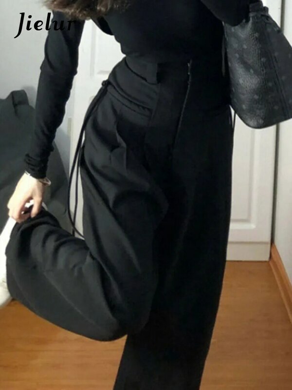 Jielur-pantalones de pierna ancha de cintura alta para mujer, pantalones de traje rectos informales de longitud completa, Color sólido, estilo americano, Color negro Simple