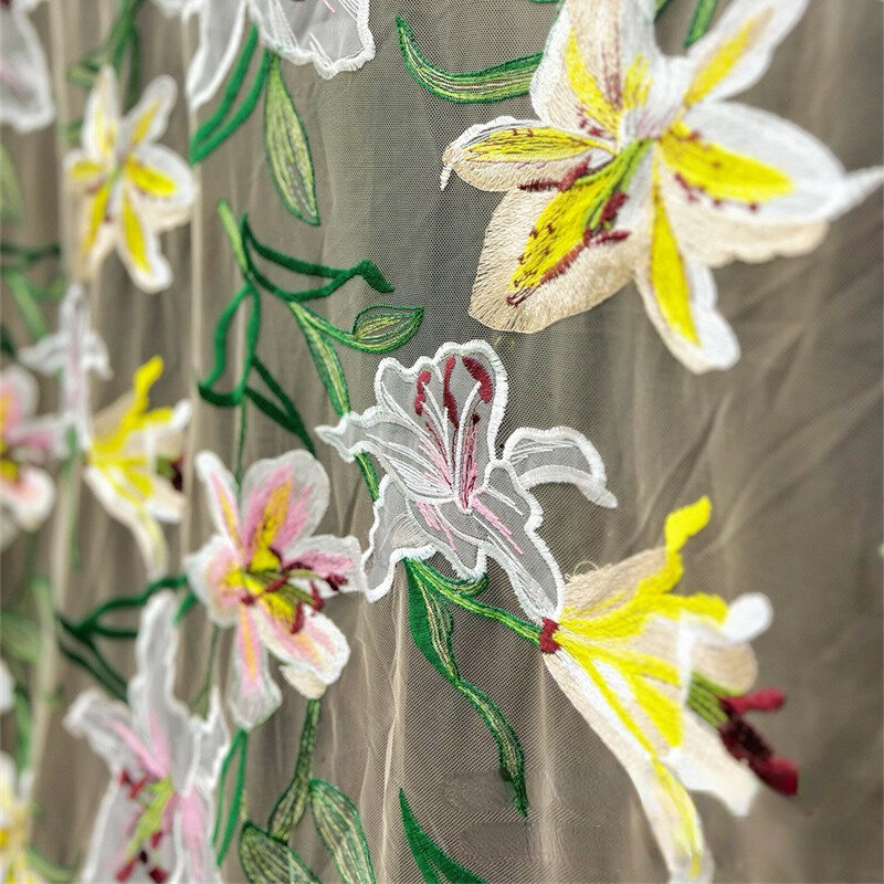 قماش دانتيل مطرز قابل للذوبان في الماء ، فستان زهرة الزنبق ، شبكة تول