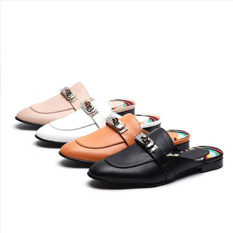 Women Slipper Casual Shoes Leather Mules Buckle Decor Lefu Pointed Toe Metal Lock Decor Slip-on Slipper Outdoor Holiday 2024 New