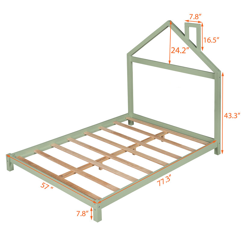 Pełny wymiar łóżko z pełnymi bokami z drewna z zagłówkiem w kształcie domu (zielony)