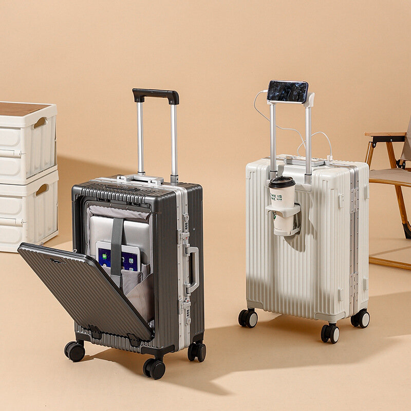 Maleta con Apertura frontal y marco de aluminio, equipaje rodante, Soporte para vasos USB, soporte para teléfono, bolsa de Viaje Unisex