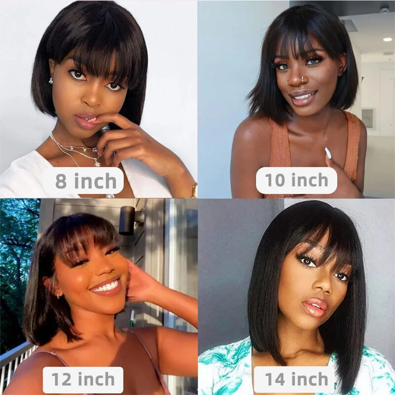 Brazilian Short Straight Hair Bob Wigs Human Hair Wig With Bangs Remy Full Machine Made Wig for Women Non Lace Glueless Bob Wig