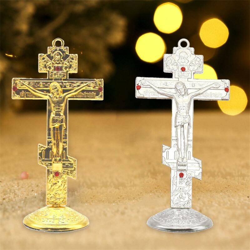 Jesus Cross for Desk Tabletop Ornaments Easy to Install 6.7x14cm with Base Metal