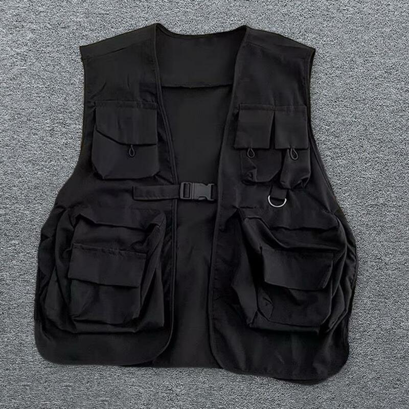 Men Vest Jacket Hop Style Unisex Cargo Vest with Multi Pockets Buckle Closure Streetwear Waistcoat for Men Women Multi-pocket