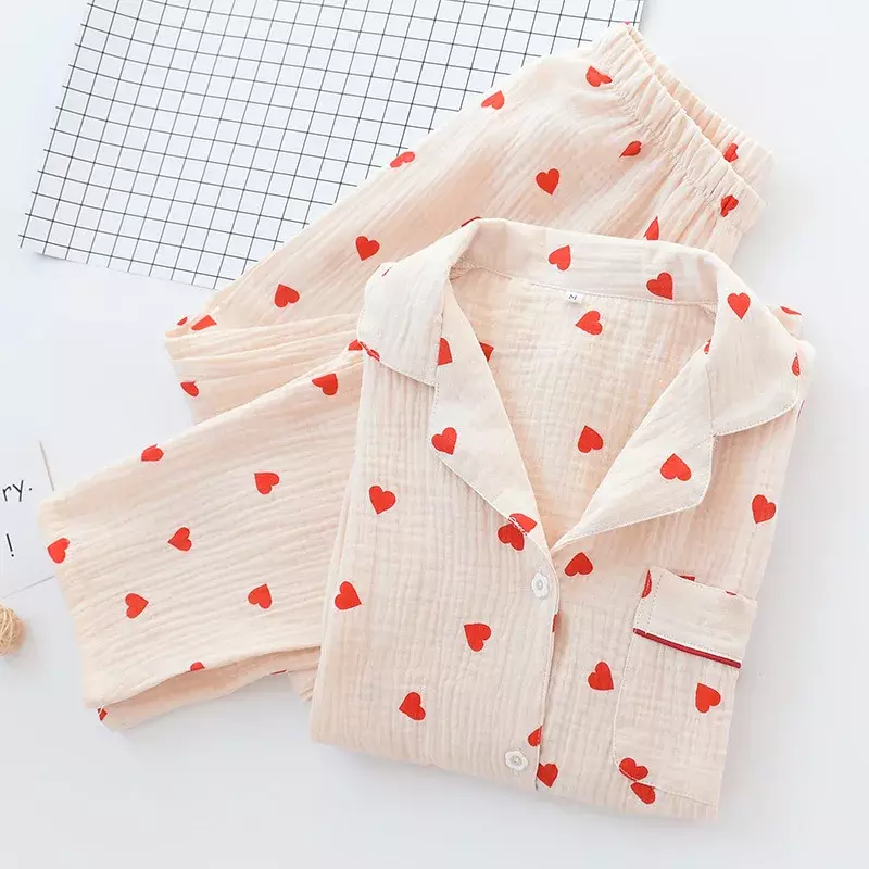 Pyjama Deux Pièces en Coton Pur pour Femme, Vêtements de Nuit Confortables, Doux et Mignons, avec Imprimé de Cœur et Zones