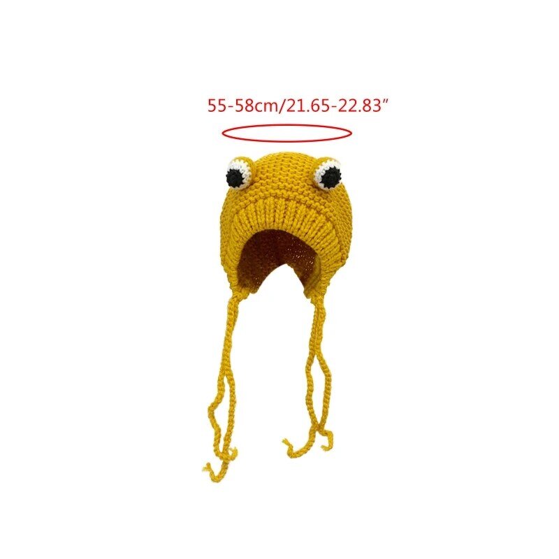 Women Winter Cable Knit Warm Earflap Hat Cartoon for Frog Eyes Windproof Beanie N7YD