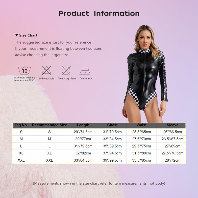 Sexy Womens Bodysuit Long Sleeve Wet Look Patent Leather Plaid Splicing Racer Jumpsuit Bodycon Leotard Catsuit Driver Costumes