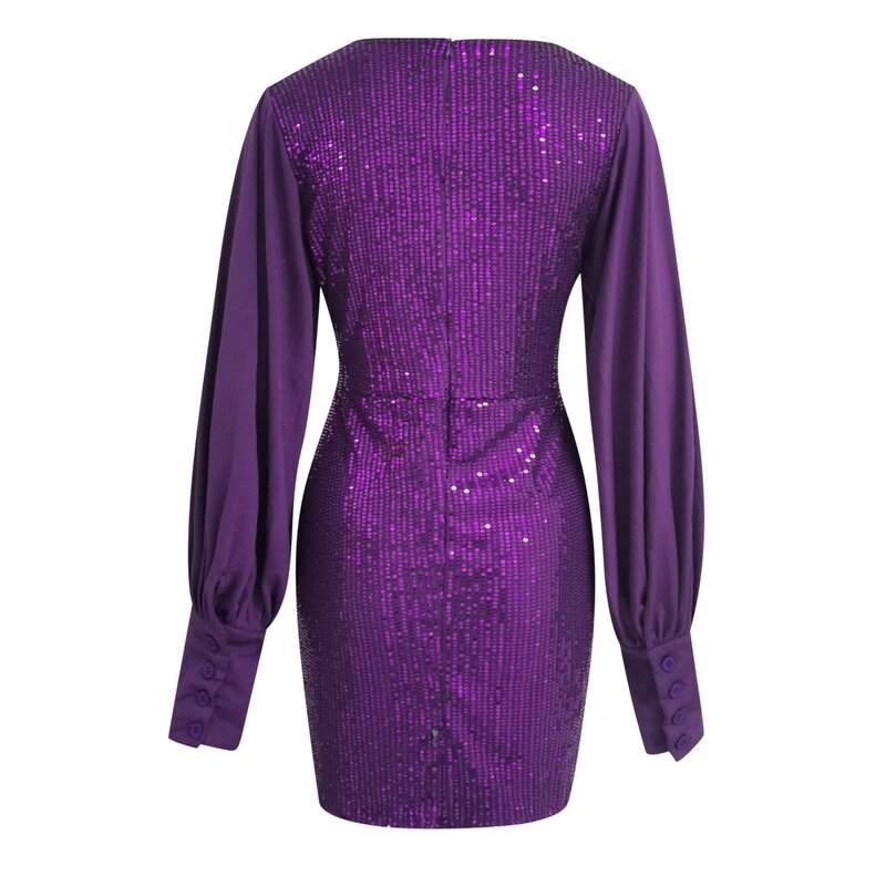 Fall Dresses For Women 2024 Solid Color Glitter Sparkly Sequin Long Sleeve V Neck Mini Dresses Cocktail Party Evening Dresses