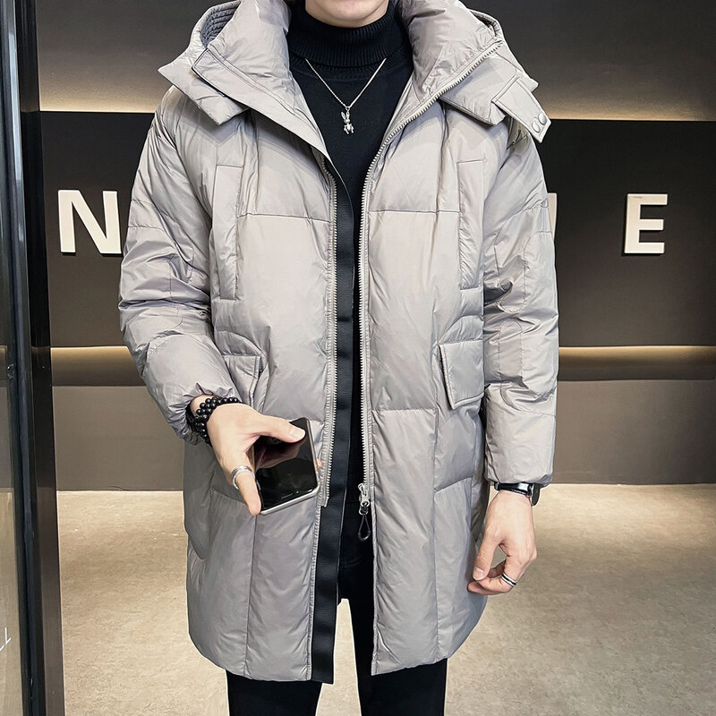 2023 Men Winter New Long Thicken Hooded Outwear Male White Duck Down Warm Coats Men Solid Color Casual Down Overcoat H489