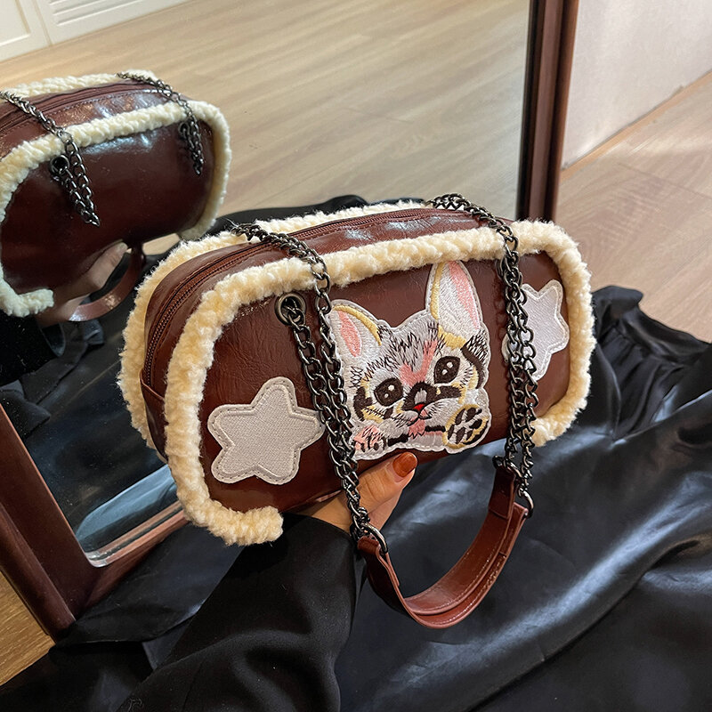 PU Leather Splicing Plush Handbag para Senhoras, Cartoon Cat Bordado, Chain Shoulder Bag, Crossbody, Fashion Designer, Bonito