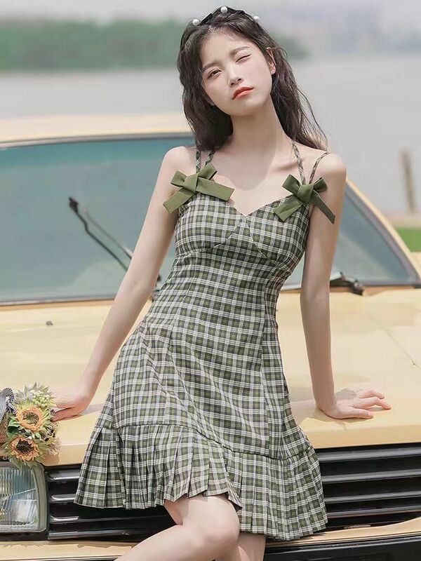 Корейская женская одежда, клетчатые платья Sen Girl, Новое поступление, зеленое облегающее плиссированное платье на бретелях с бантом