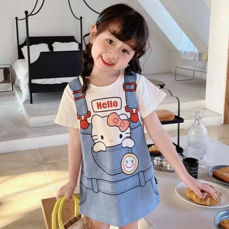 Letnia sukienka dla dziewczynek urocza kreskówka Hello Kitty urocza nadruk kreskówkowy imitacja dwuczęściowej T-shirt z krótkim rękawem sukienka malucha