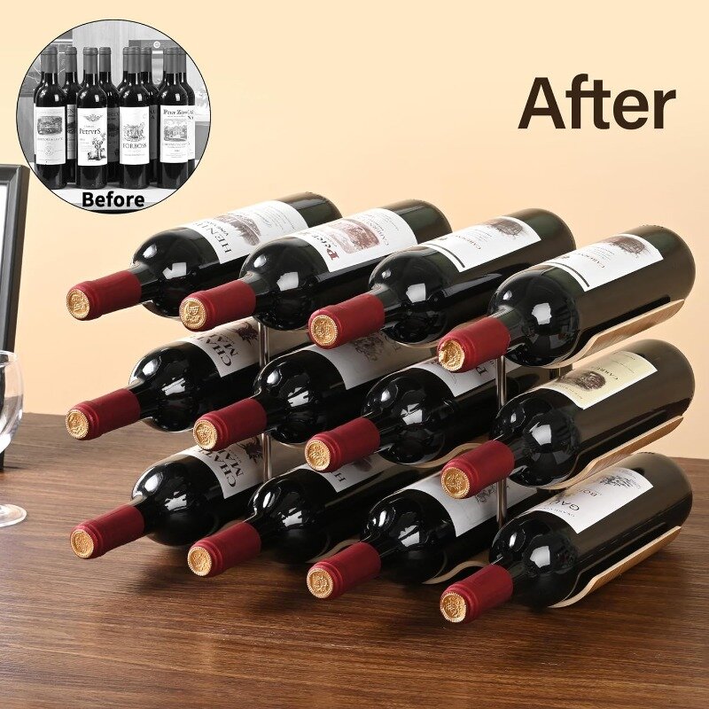Estante de encimera para botellas, soporte independiente para 14 botellas, almacenamiento de madera de 4 niveles, organizador ondulado