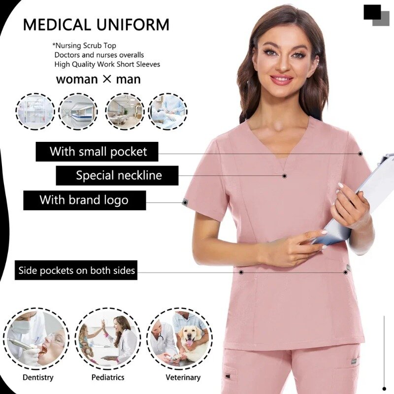 Blusa médica de manga corta para mujer, uniforme de enfermería, cuello en V, camisa de belleza, ropa de trabajo con bolsillo, chaqueta de laboratorio