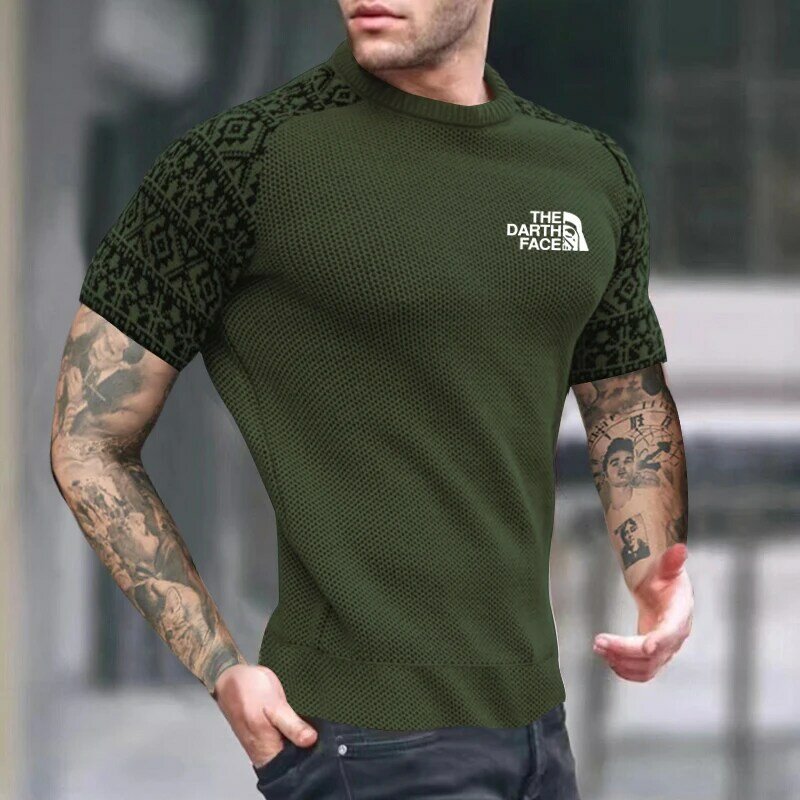 Men's Summer Printed Casual Suit Quality Luxury Tops Color Block Fashion Brand Knit Short Sleeves Outdoor Sports Top