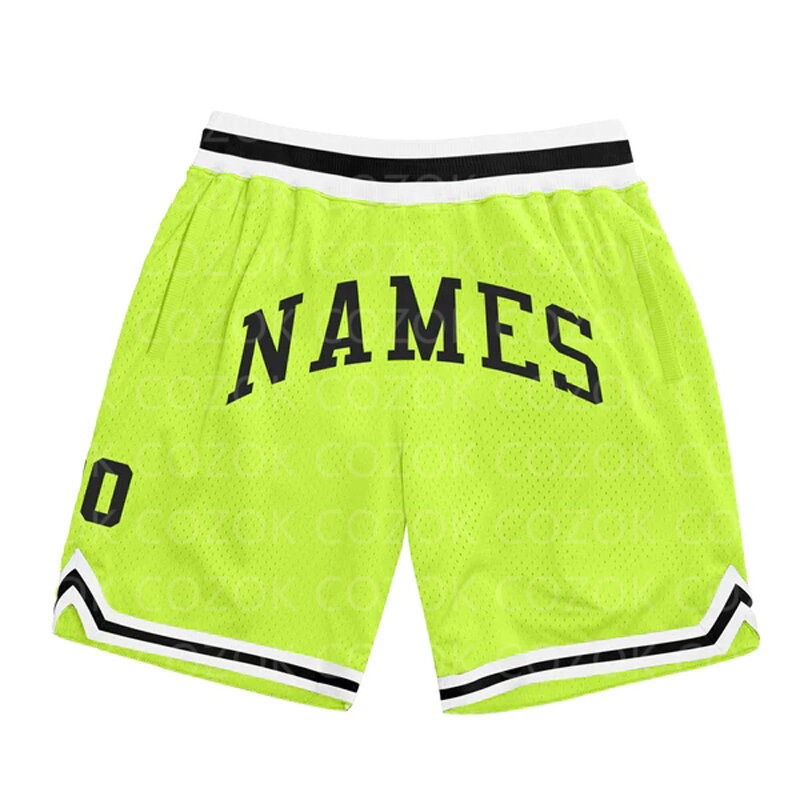 Custom Fluorescerend Groen Zwart Authentiek Basketbal Shorts 3d Geprint Heren Shorts Je Naam Mumber Sneldrogend Strandshort
