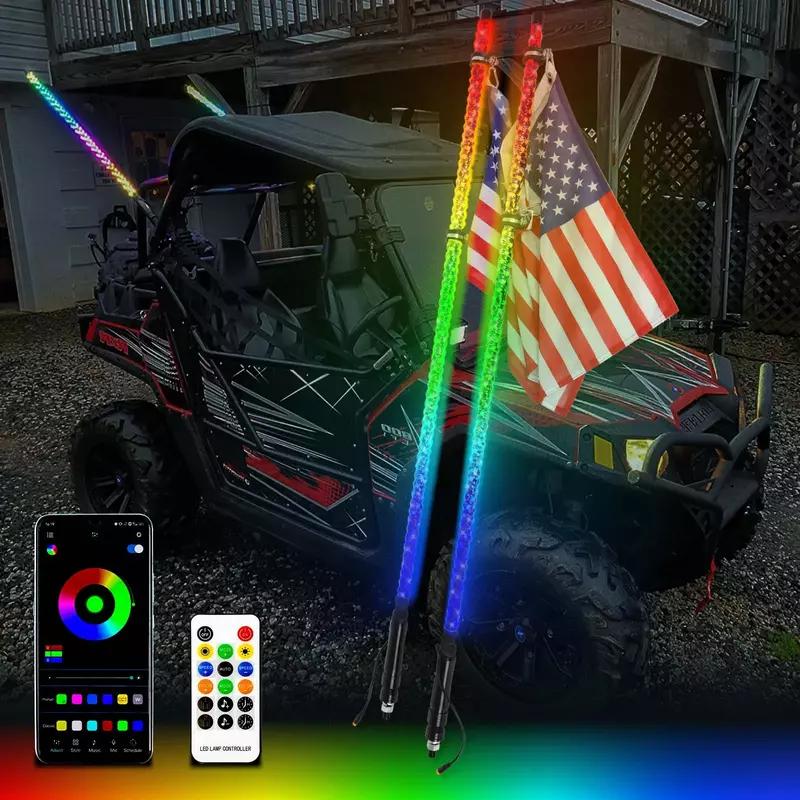 2 sztuk 4FT 5050RGB Bluetooth i pilot kolorowe spiralne LED bicz światła oświetlone anteny bicze dla ATV Polaris RZR
