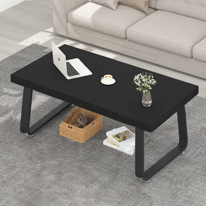 HSH Black Modern Coffee Table, Rustic Wood and Metal Center Table, Farmhouse Simple Living Room Coffee Table, Industrial Minimal