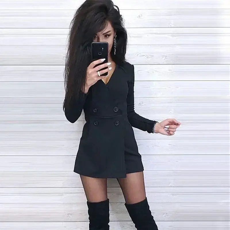 New Spring Women V-Neck Short Skirt Suit Solid Color Fashion Jumpsuit Slim Fit Buttons Long Sleeve Dress Party Dresses Gifts