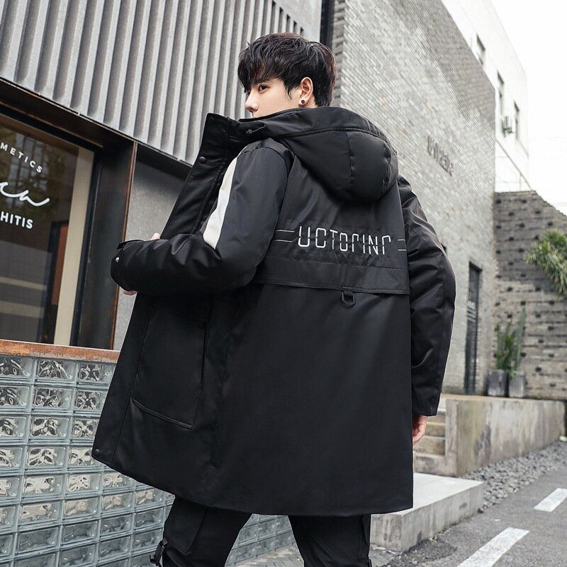 2023 New Koreaanse Stijl Heren Donsjack Mid-Length Slim Fit Capuchon Trendy Merk Verdikte Warme Winter Katoenen Gewatteerde Jassen Jas