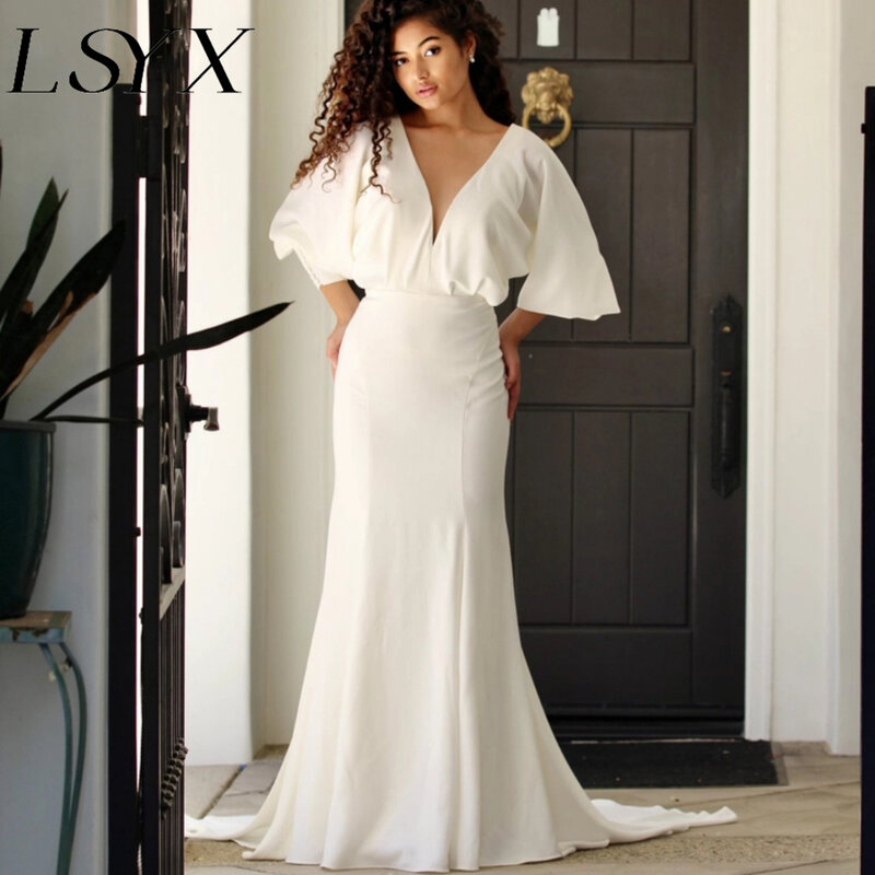 LSYX Elegant Deep V-Neck Puff Sleeves Backless Mermaid Wedding Dress Simple Backless Court Train Bridal Gown Custom Made