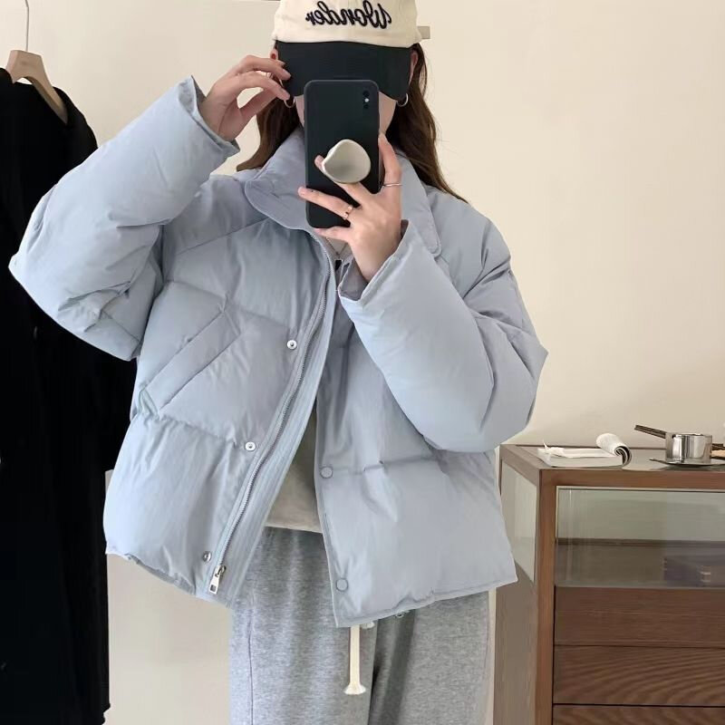 여성 라펠 숏 하이 퀄리티 코트, 두꺼운 블루 다운 재킷, 2023 겨울 신상