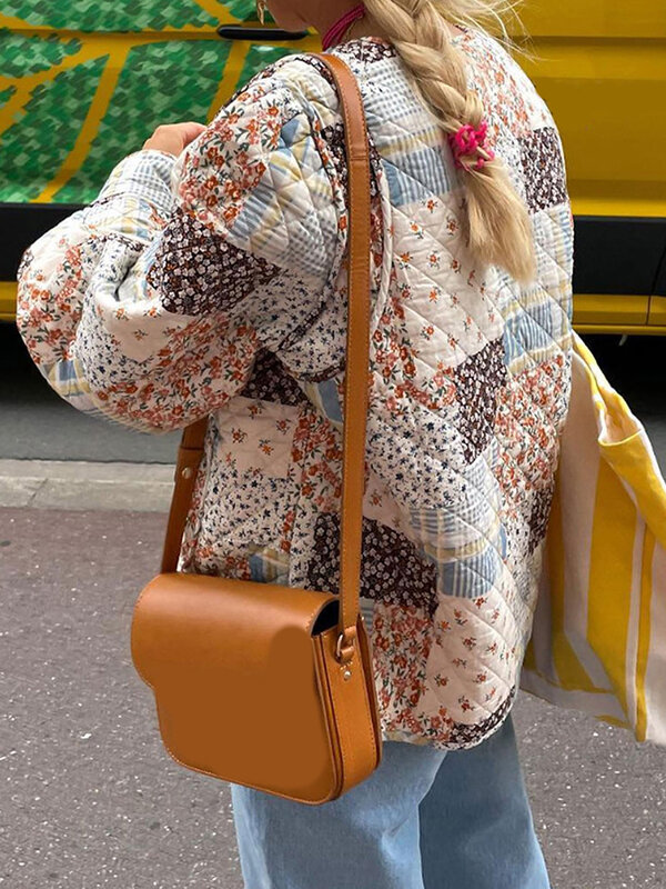 Damski jesienny pikowana kurtka lekki kwiatowy nadruk na co dzień długi guzik na rękawie kardigan na odzież uliczną