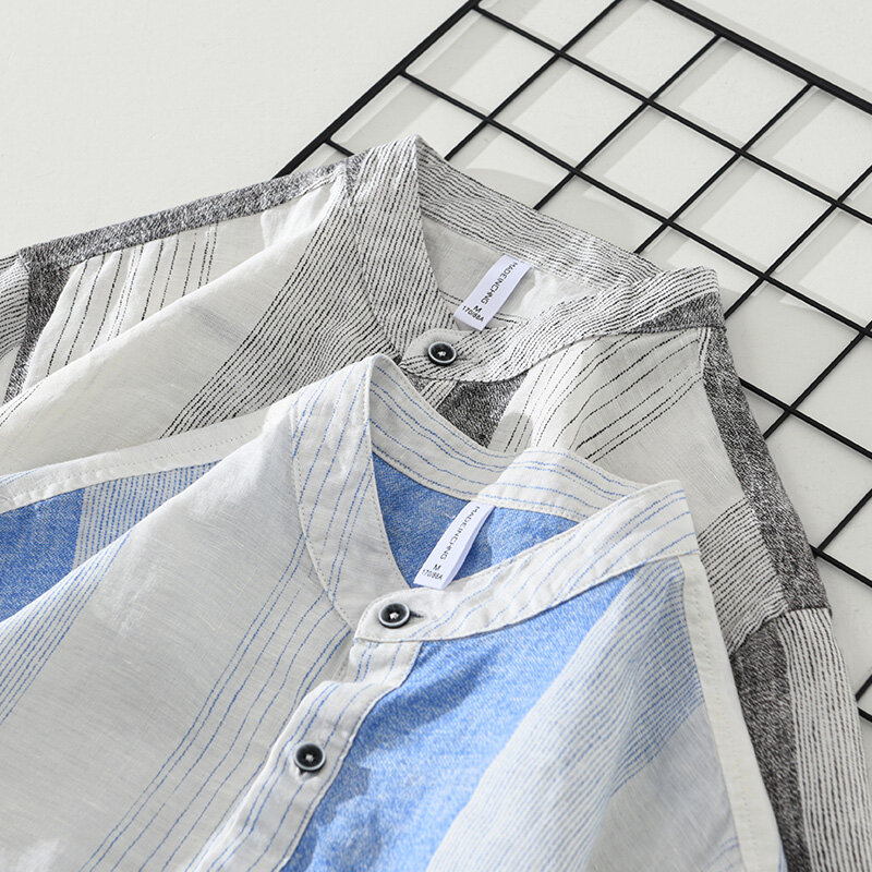 100% Leinen Pullover Kurzarm hemden für Männer Sommer neue Mode gestreifte lässige lose Hemden
