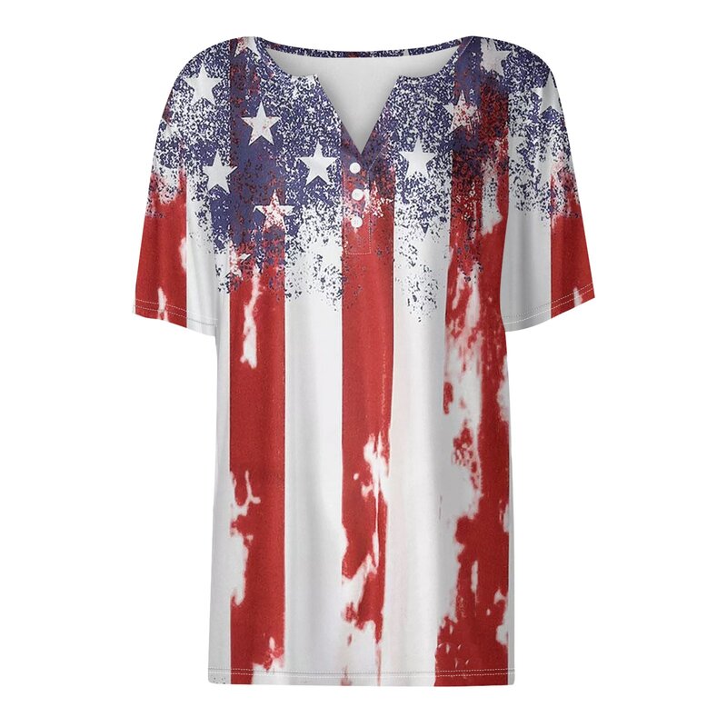Женская модная футболка, повседневный топ с принтом на День Независимости, v-образный вырез, короткий рукав, декоративные пуговицы, женский топ