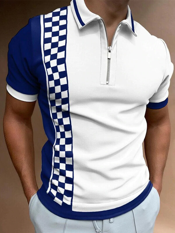 2022 nowe letnie wysokiej jakości męskie koszulki Polo w paski na co dzień z krótkim rękawem męskie koszule skręcić w dół kołnierz Zipper Casual Polo Shirt