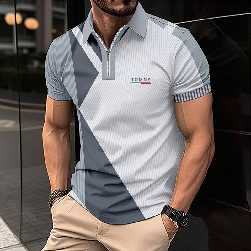 European and American men's short-sleeved polo shirt fashion print T-shirt men's breathable shirt office men's top