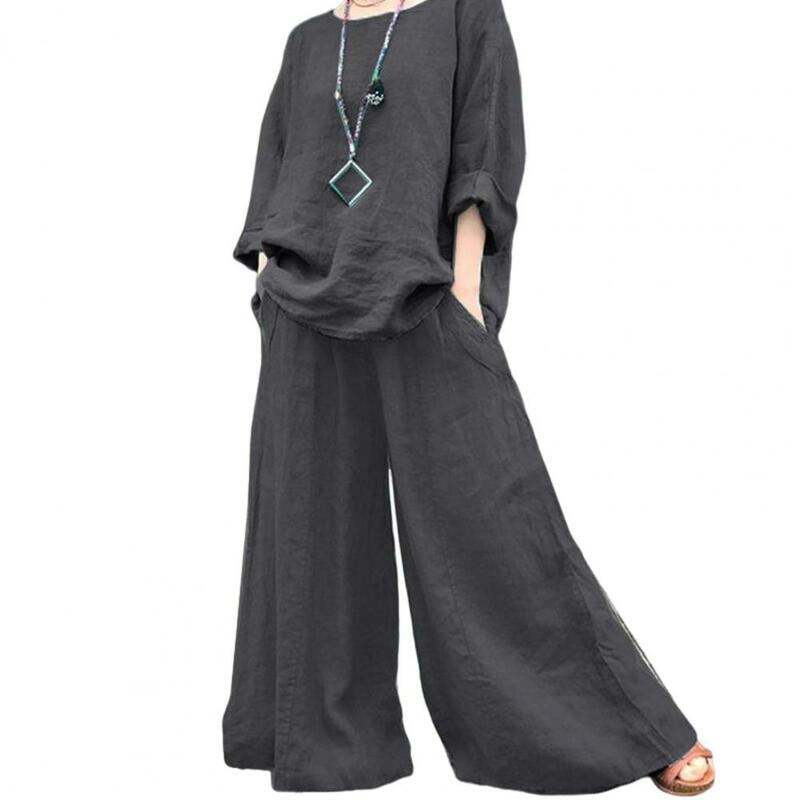 Женский комплект из 2 предметов, свободная футболка с круглым вырезом и длинным рукавом, брюки с широкими штанинами и глубоким шаговым швом, повседневный Топ для женщин среднего возраста, брюки-кюлоты